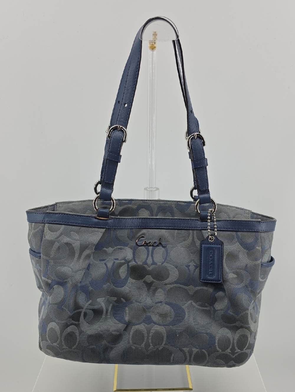 Coach Blue and Gray Signature Canvas Tote with Leather Trim